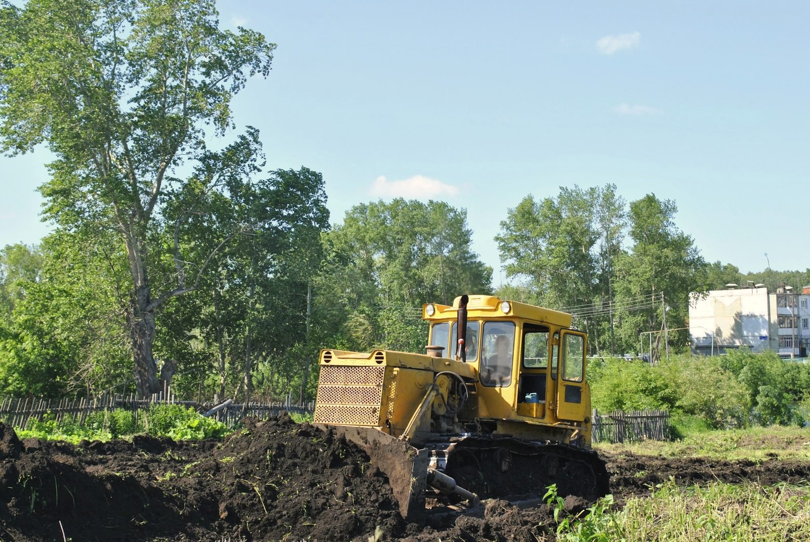 A dozer clearing ground along a tree line